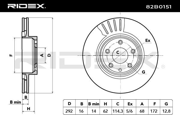 RIDEX 82B0151 Brake rotor Rear Axle, 292,0x16mm, 05/06x114,3, internally vented
