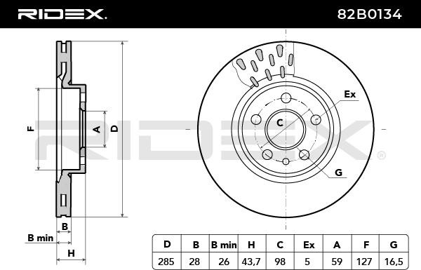 82B0134 Brake discs 82B0134 RIDEX Front Axle, 285x28,0mm, 5x98,0, Vented