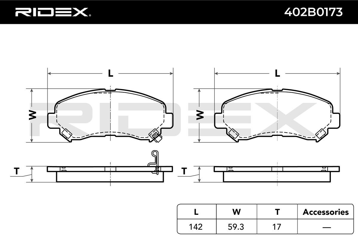 RIDEX 402B0173 Brzdové doštičky / platničky predna naprava, s akustickym upozornenim opotrebenia, vratane kontaktu opotrebenia, s proti hlukovým plechom Nissan originálnej kvality