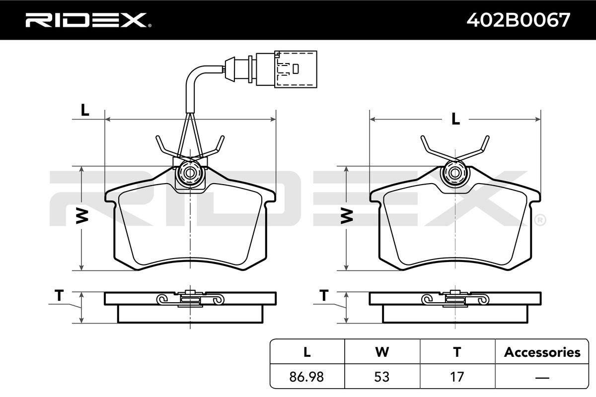 402B0067 Set of brake pads 402B0067 RIDEX Rear Axle, incl. wear warning contact, with anti-squeak plate