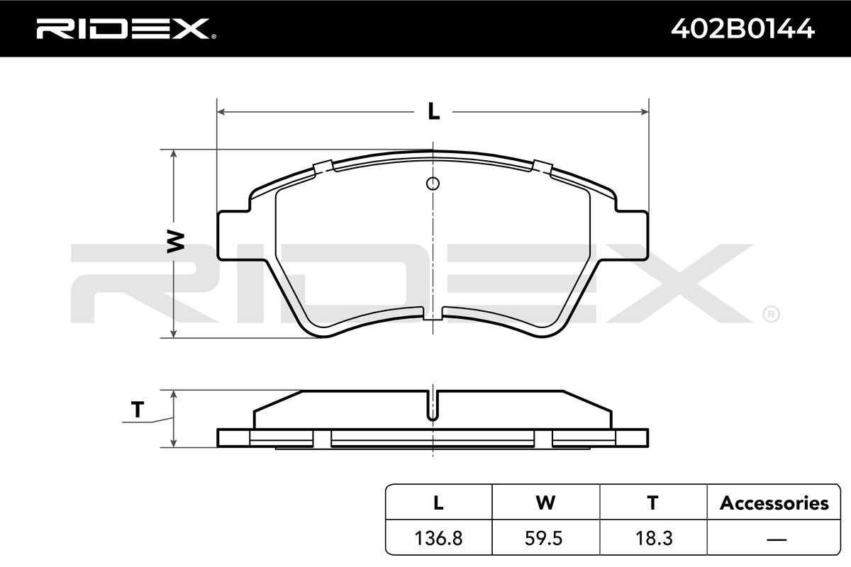 RIDEX 402B0144 Brake pad set Front Axle, Low-Metallic, not prepared for wear indicator, with bolts/screws