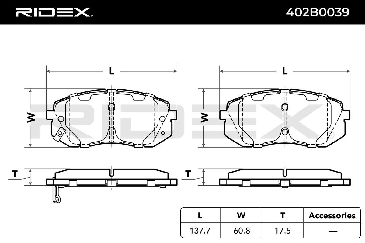 RIDEX 402B0039 Brake pad set Front Axle, with acoustic wear warning, Axle Vers.: Front