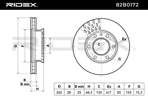 82B0172 Brake discs 82B0172 RIDEX Front Axle, 300,0x28,0mm, 6x130,0, Vented