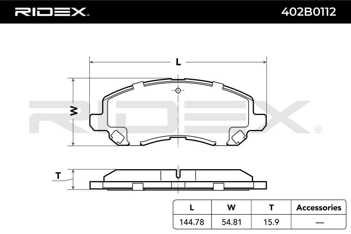RIDEX 402B0112 Brake pad set Front Axle, with acoustic wear warning, with anti-squeak plate, with spring, with accessories