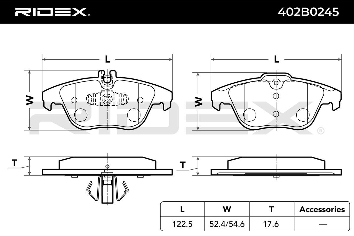 RIDEX 402B0245 оригинални MERCEDES-BENZ E-класа 2022 Накладки задна ос, подготвен за контактен датчик за износване, с бутална зегерка