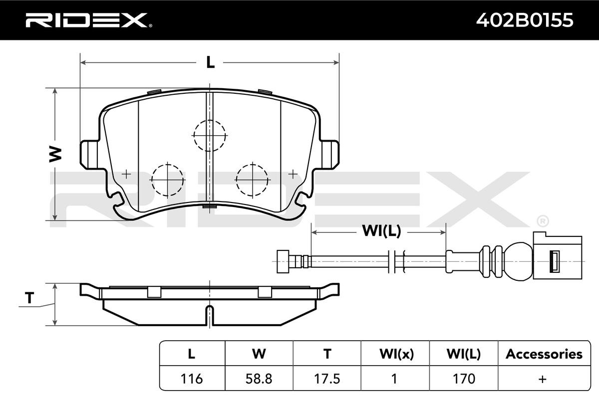 RIDEX 402B0155 Audi A6 C6 Avant 2010 Kit pastiglie freno Assale posteriore, con bulloni pinza freno, con lamierino anticigolío, with accessories