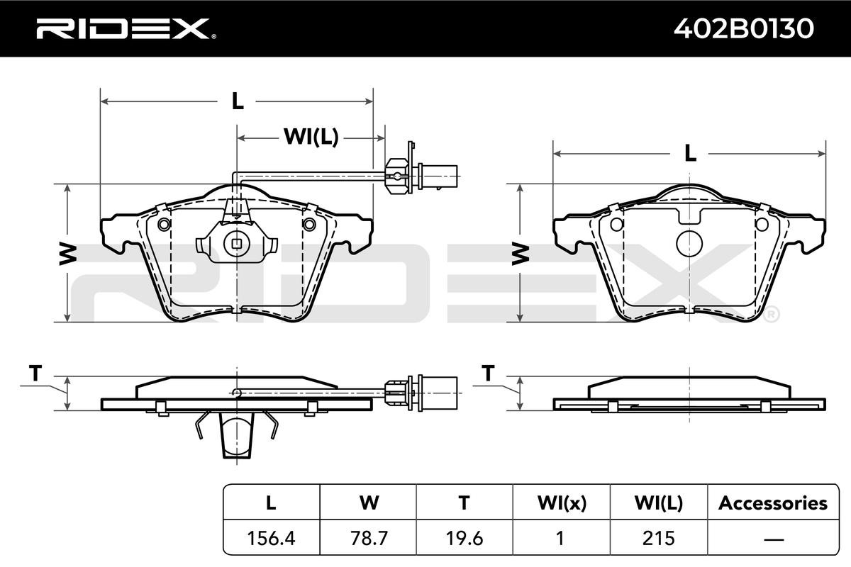 RIDEX 402B0130 originali VOLKSWAGEN TRANSPORTER 2022 Kit pastiglie freno Assale anteriore, con clip pistone, con lamierino anticigolío