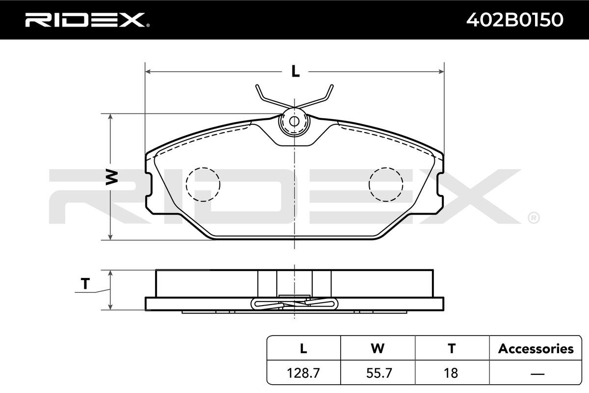 RIDEX 402B0150 Brake pad set Front Axle, Low-Metallic, without acoustic wear warning, with anti-squeak plate