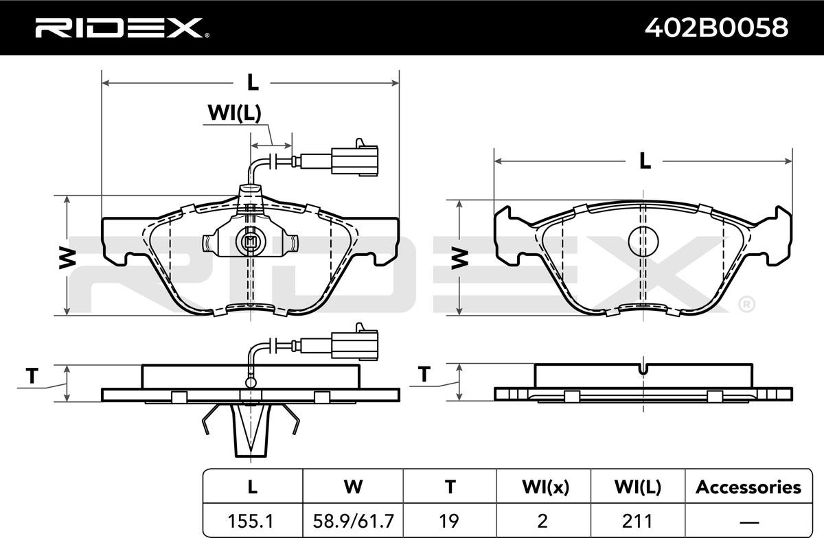 RIDEX 402B0058 Pasticche dei freni ALFA ROMEO 147 (937) 2.0 16V T.SPARK (937.AXA1, 937.AXC1, 937.BXC1) 150 CV Benzina 2009