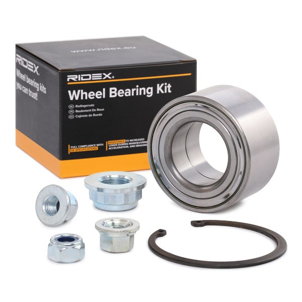RIDEX 654W0004 Wheel bearing kit Front Axle, Front axle both sides, Rear Axle both sides, with attachment material, without ABS sensor ring, 74 mm, Ball Bearing