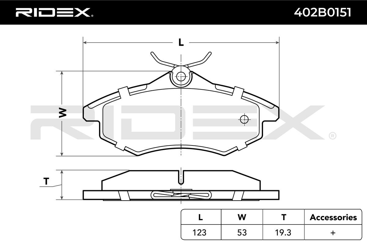 RIDEX 402B0151 Pasticche dei freni Assale anteriore, senza contatto segnalazione usura, con lamierino anticigolío, con bulloni/viti, with accessories