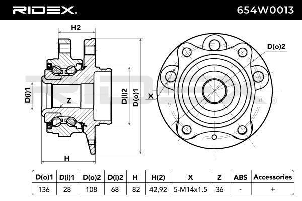 654W0013 Σετ ρουλεμάν τροχών RIDEX Γνήσια ποιότητας