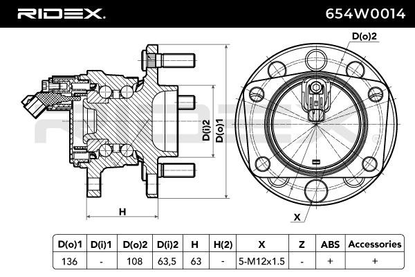 654W0014 RIDEX Radlagersatz Hinterachse beidseitig, mit Anbaumaterial, mit  integriertem Radlager, mit integriertem ABS-Sensor, 136 mm, Kugellager