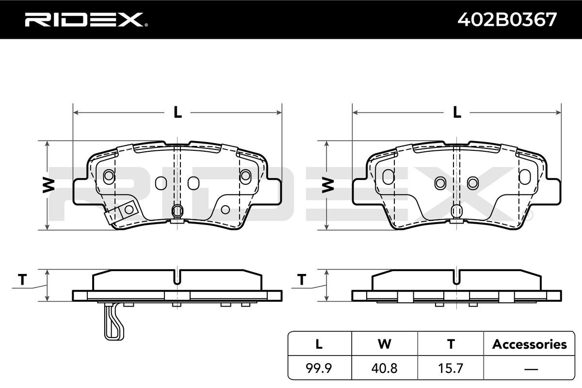 402B0367 Set of brake pads 402B0367 RIDEX Rear Axle, with acoustic wear warning