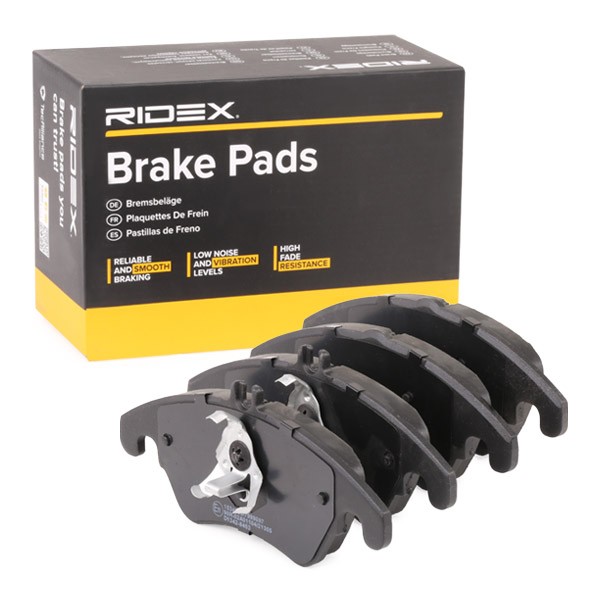 RIDEX 402B0329 Brake pad set Front Axle, prepared for wear indicator, with piston clip