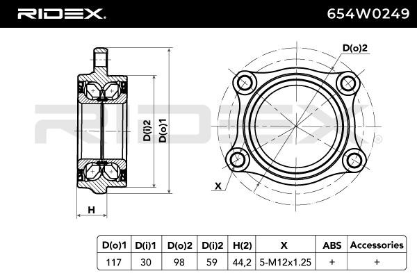 654W0249 Hub bearing & wheel bearing kit 654W0249 RIDEX Rear Axle, Left, Right, with integrated magnetic sensor ring, 117 mm