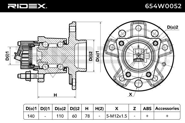 RIDEX 654W0052 Wheel bearing & wheel bearing kit Rear Axle both sides, with integrated magnetic sensor ring, 140 mm