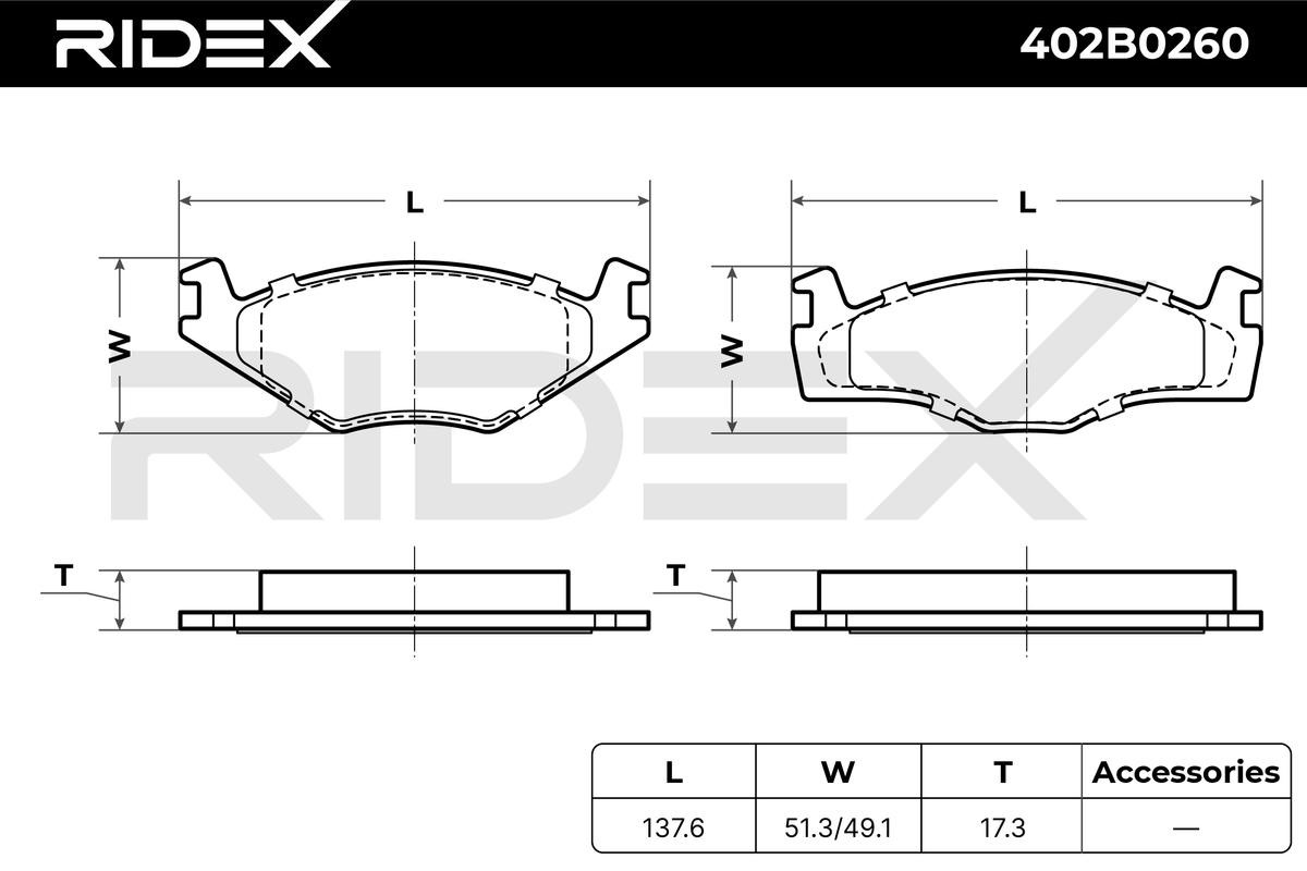 402B0260 Set of brake pads 402B0260 RIDEX Front Axle, with accessories