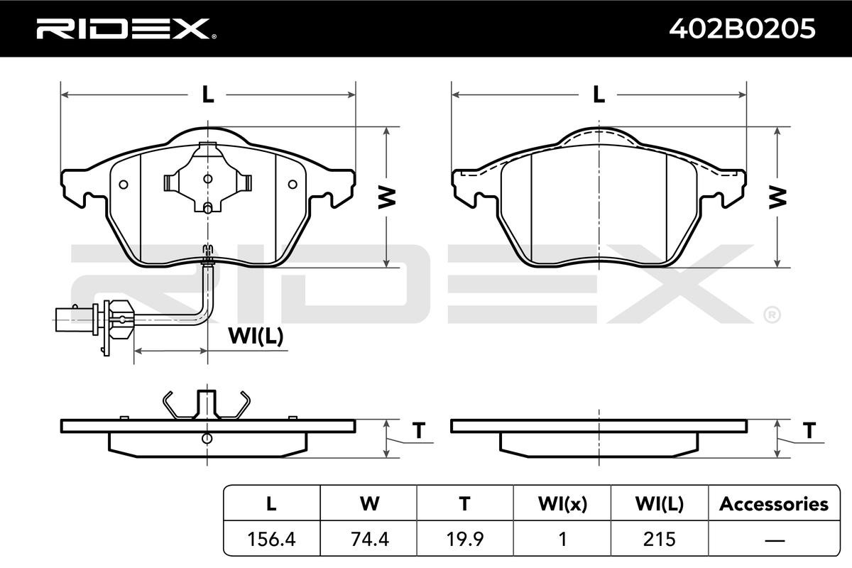 402B0205 Set of brake pads 402B0205 RIDEX Front Axle, with integrated wear sensor