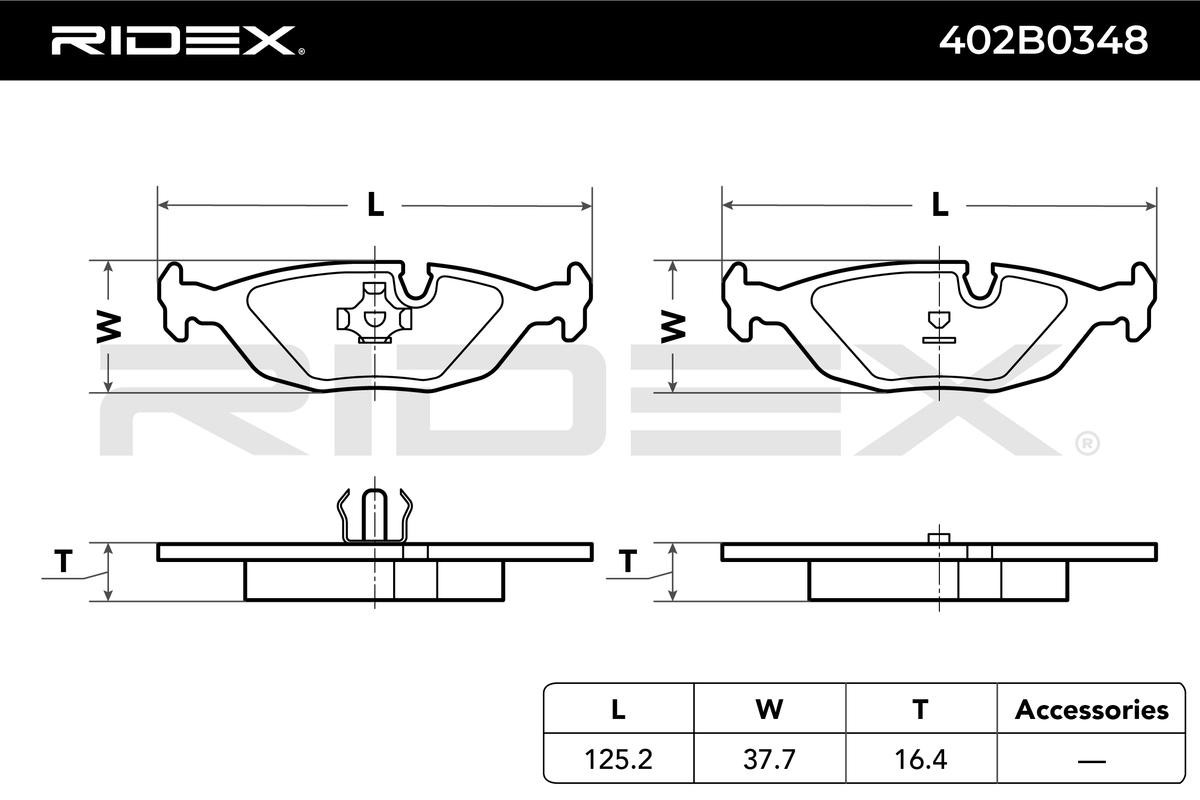 402B0348 Set of brake pads 402B0348 RIDEX Rear Axle, prepared for wear indicator, with piston clip