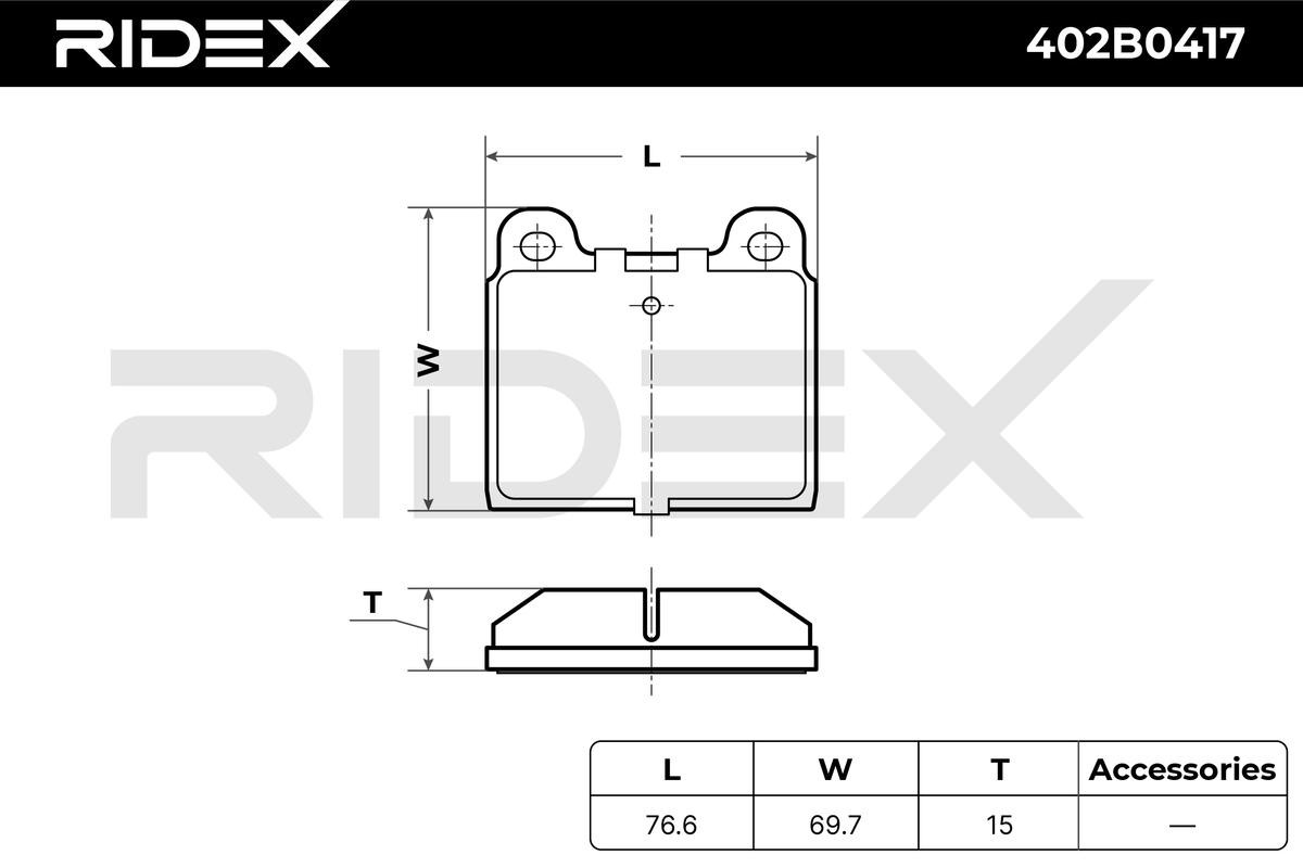 402B0417 Set of brake pads 402B0417 RIDEX Front Axle, not prepared for wear indicator, without accessories