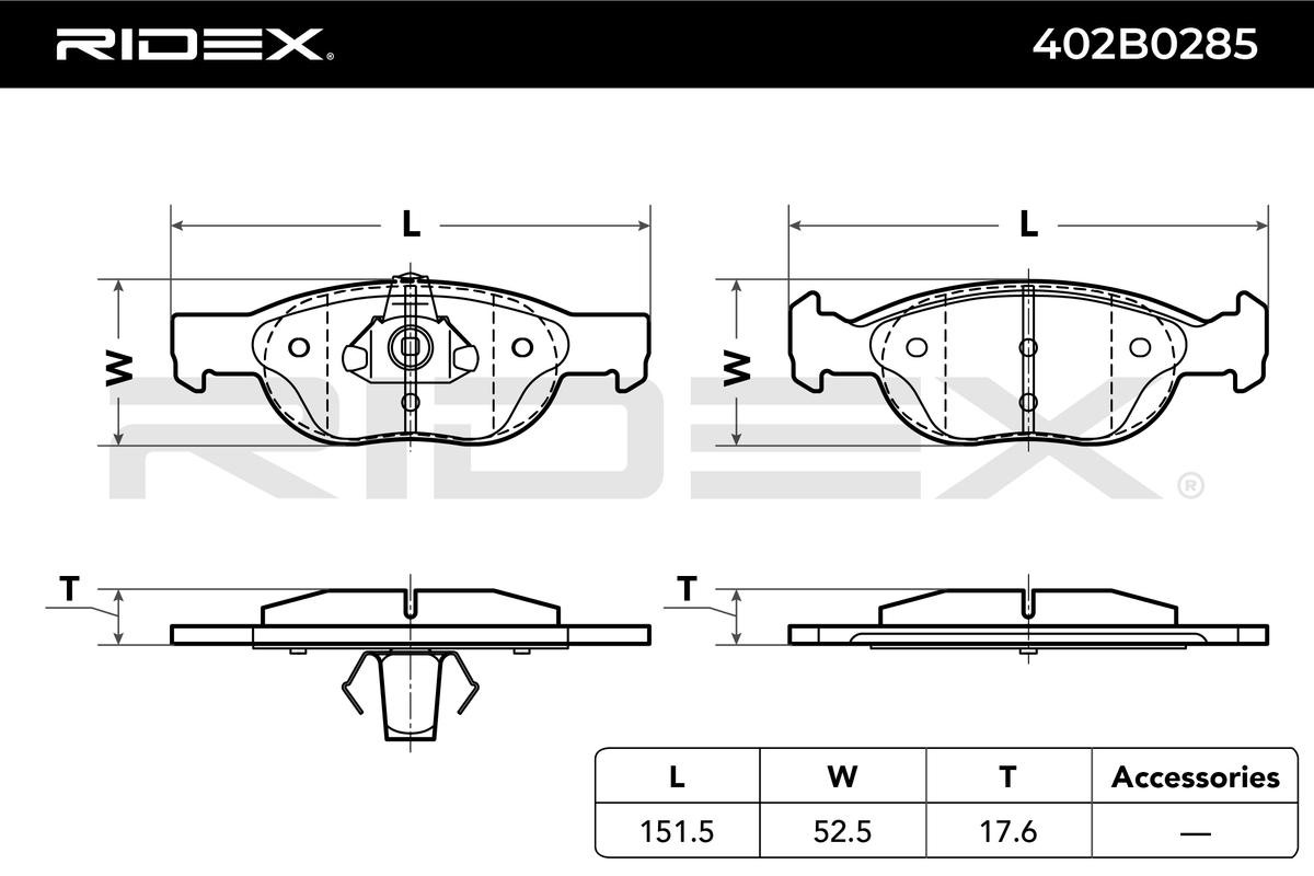 402B0285 Set of brake pads 402B0285 RIDEX Front Axle, with piston clip