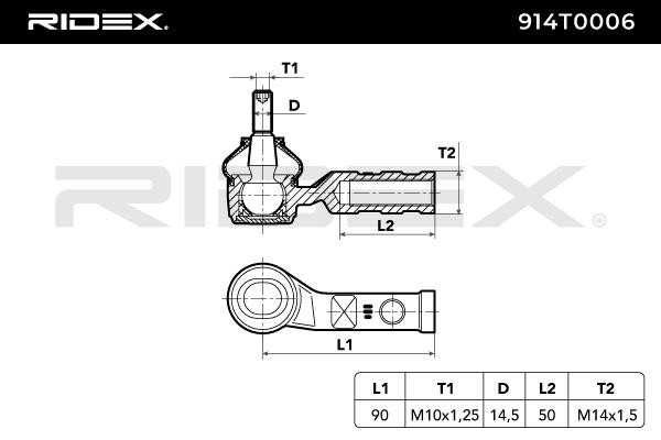 914T0006 Tie rod end 914T0006 RIDEX Cone Size 12 mm, M10X1.25, outer, Right, Front Axle