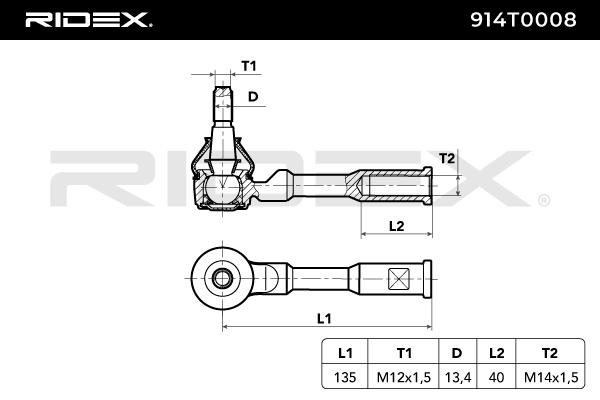 914T0008 Tie rod end 914T0008 RIDEX Cone Size 13,30 mm, M12X1.5, Front Axle, both sides, outer