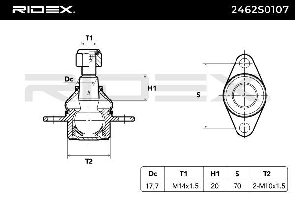 2462S0107 Suspension ball joint 2462S0107 RIDEX Front axle both sides, 17,7mm, 41mm, 87mm, 1:8