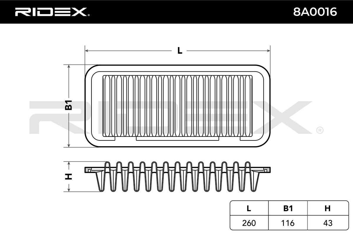 8A0016 Air filter 8A0016 RIDEX 43mm, 116mm, 260mm, rectangular, Filter Insert, Air Recirculation Filter