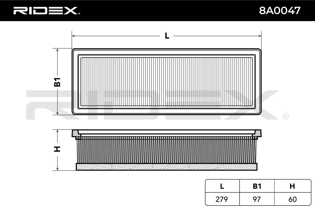 8A0047 Air filter 8A0047 RIDEX 60mm, 97mm, 279mm, Air Recirculation Filter, with pre-filter