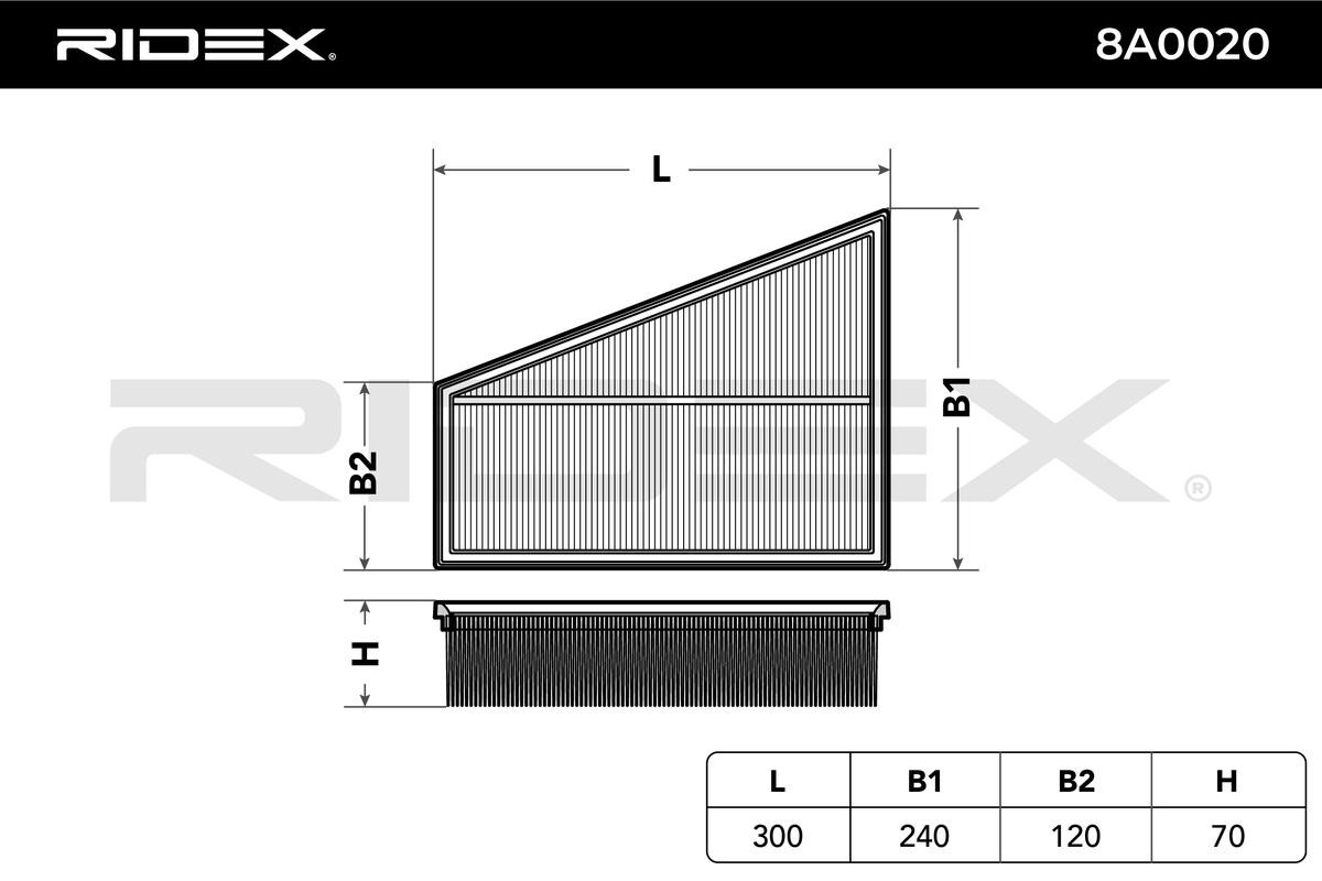 RIDEX 8A0020 Air filter 70mm, 240mm, 300mm, Trapeze, Filter Insert, Air Recirculation Filter