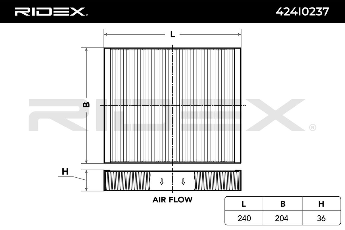 OPEL ASTRA 2022 Pollenfilter - Original RIDEX 424I0237 Breite: 204mm, Höhe: 36mm, Länge: 240mm