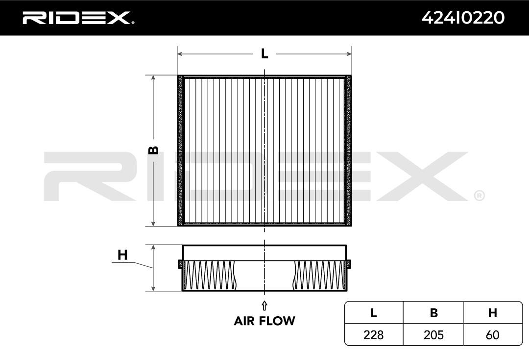 424I0220 Air con filter 424I0220 RIDEX Activated Carbon Filter, 228 mm x 205 mm x 40 mm, Activated Carbon