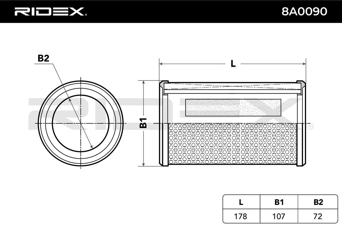 RIDEX 8A0090 Air filter 180mm, 107mm, Cylindrical, Filter Insert, Air Recirculation Filter