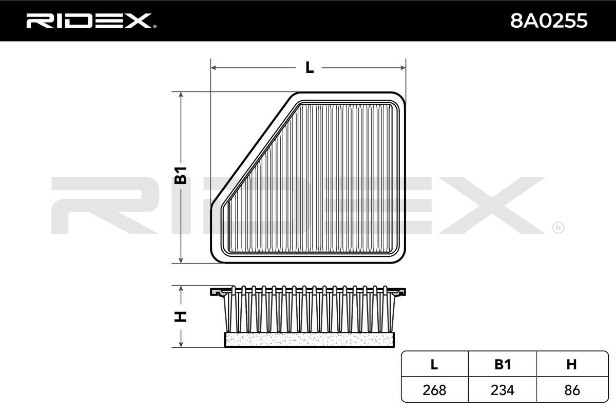 8A0255 Air filter 8A0255 RIDEX 86mm, 234mm, 268mm, Filter Insert, Air Recirculation Filter, with pre-filter