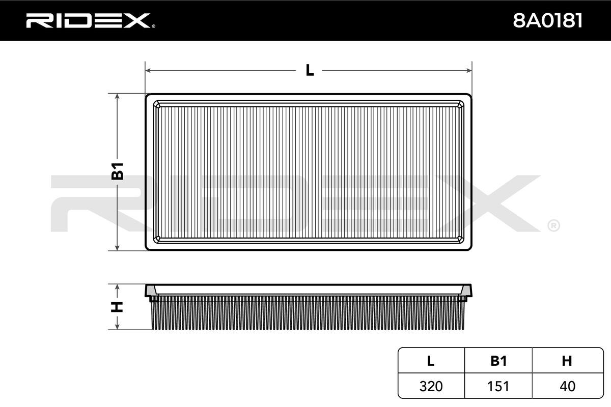 8A0181 Air filter 8A0181 RIDEX 41mm, 150mm, 318mm, Filter Insert, Air Recirculation Filter