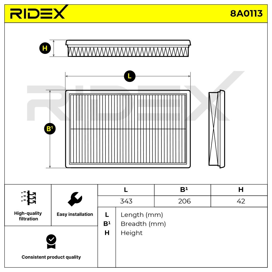 8A0113 Air filter 8A0113 RIDEX 43mm, 206mm, 343mm, Filter Insert, Air Recirculation Filter