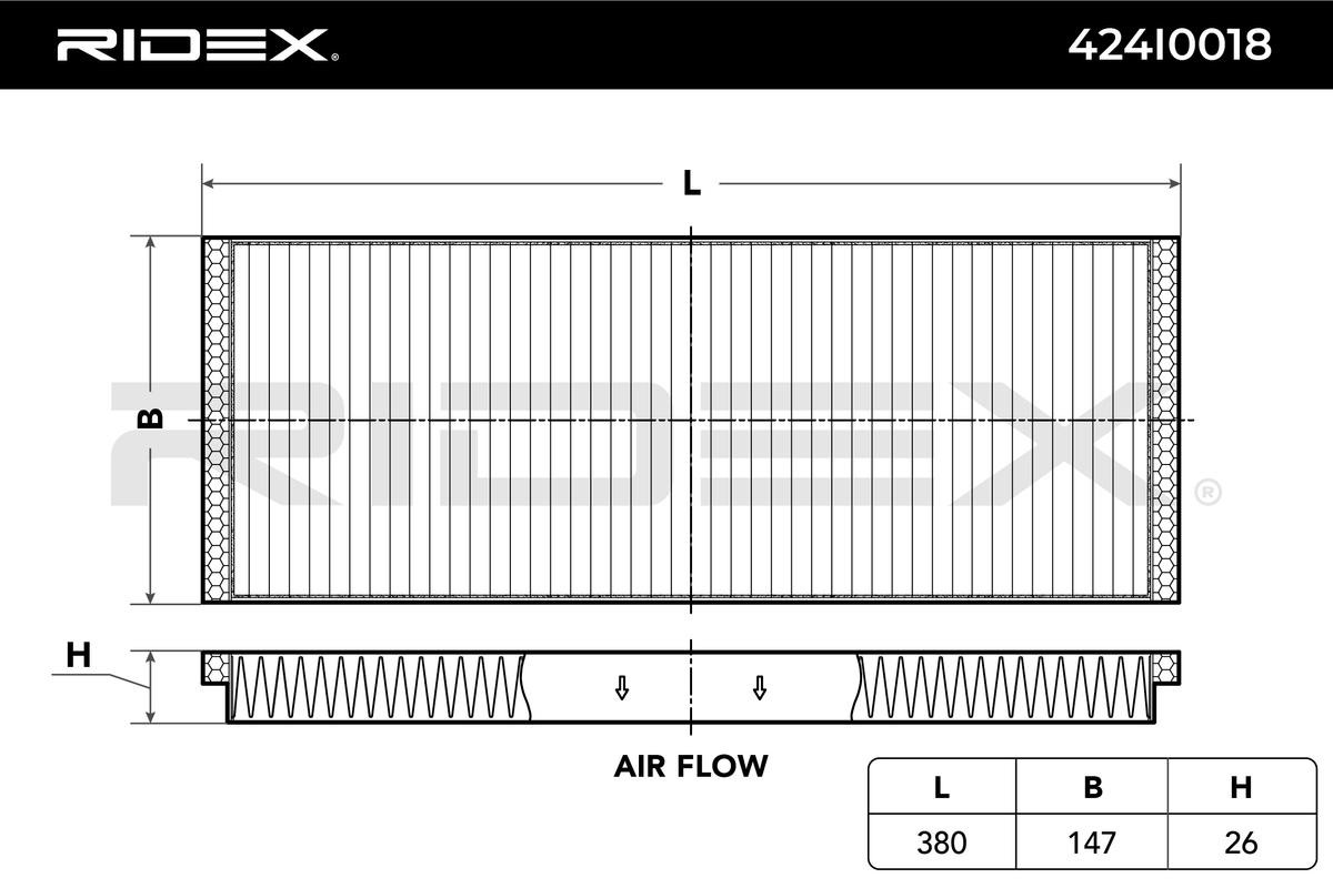 RIDEX 424I0018 Filtro antipolen Cartucho filtrante, Filtro de carbón activado, 380 mm x 147 mm x 25 mm, rectangular