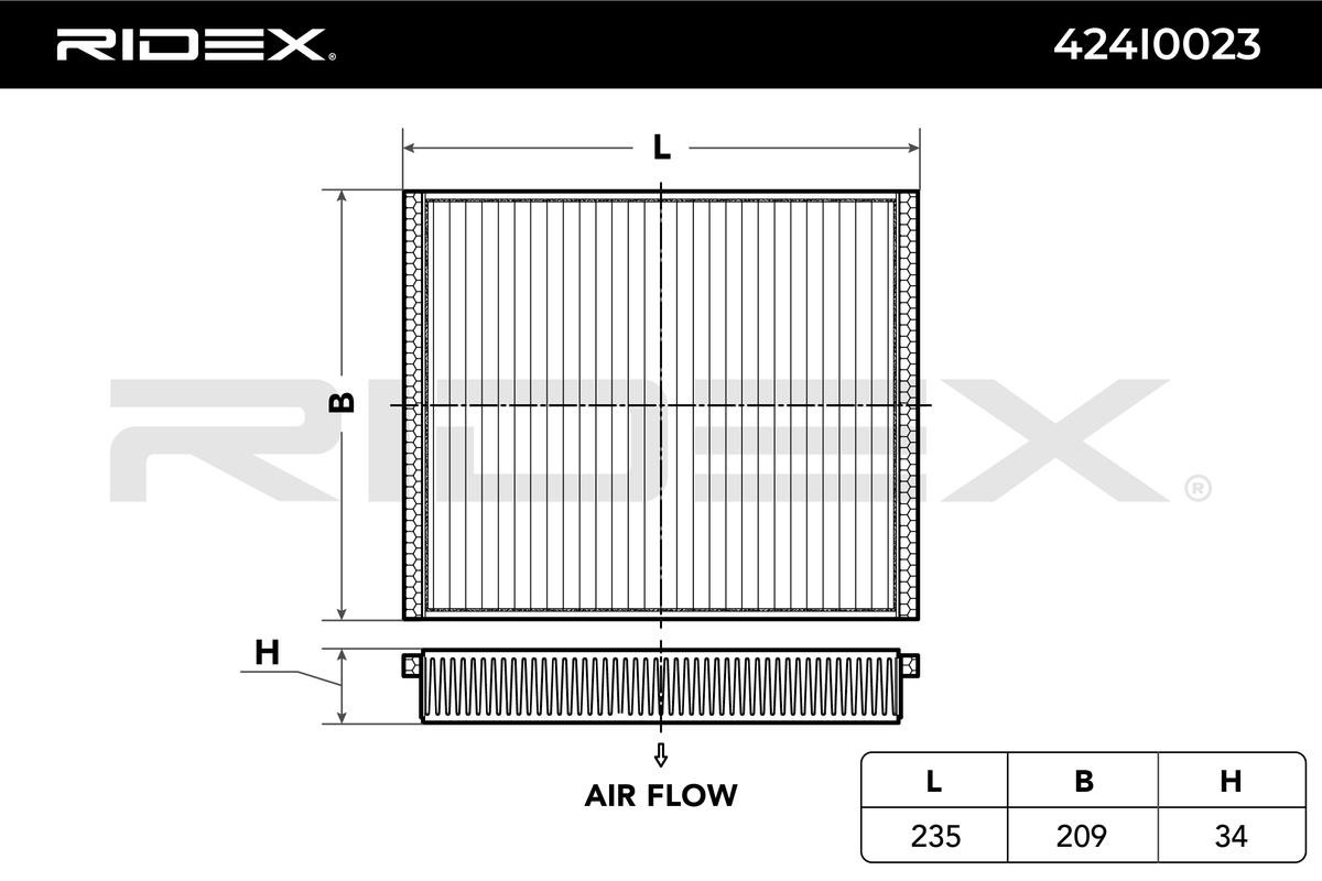 RIDEX 424I0023 Filtro, aria abitacolo Filtro particellare, Cartuccia filtro, Filtro antipolline, 234 mm x 209 mm x 34 mm, ORIGINAL Quality