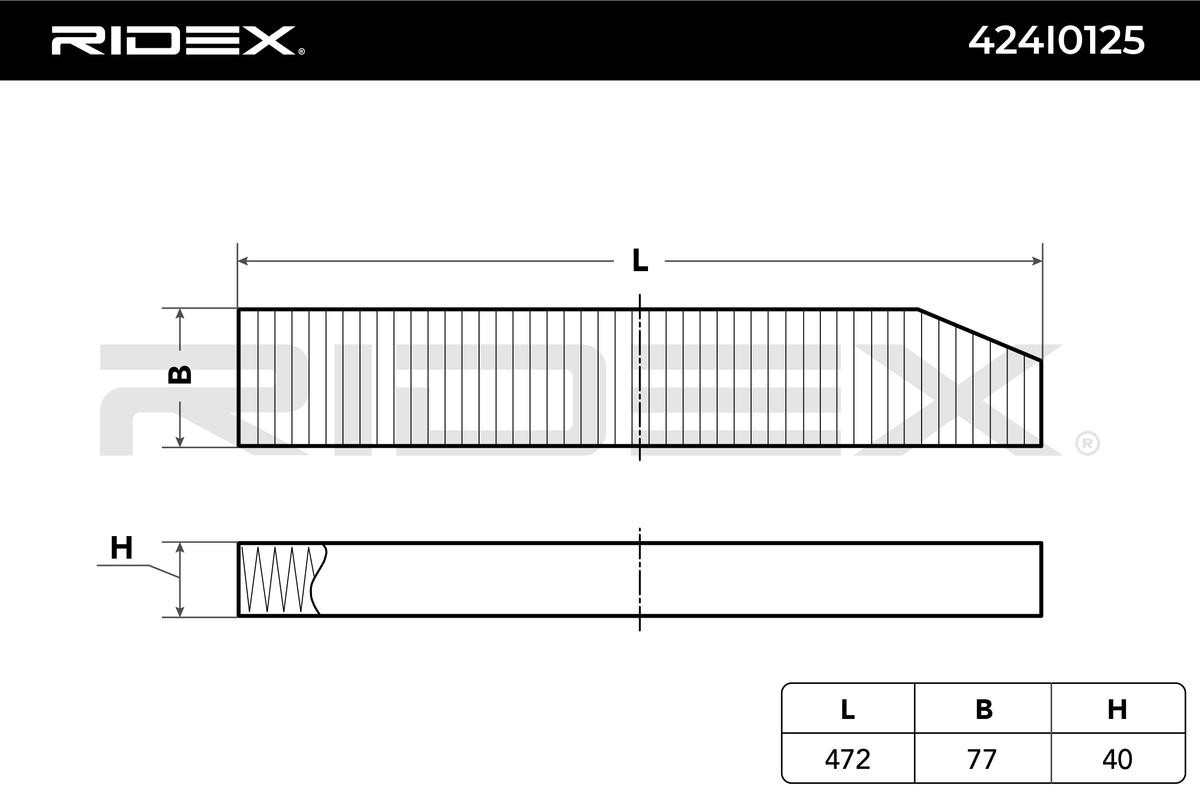 424I0125 RIDEX Filtr przeciwpyłkowy Szerokość: 77[mm], Wys.: 40[mm], Długość: 472[mm] Filtr, wentylacja przestrzeni pasażerskiej 424I0125 kupić niedrogo