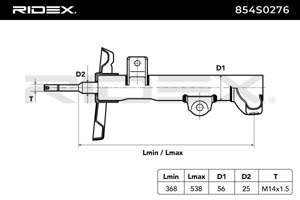 854S0276 Shocks 854S0276 RIDEX Front Axle, Gas Pressure, Twin-Tube, Suspension Strut, Bottom Clamp, Top pin