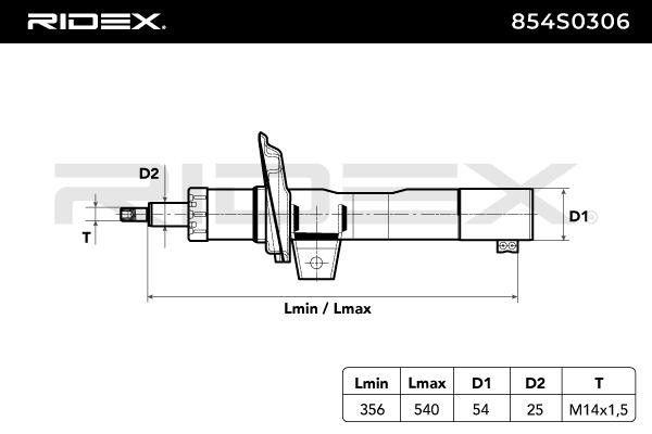 854S0306 Shocks 854S0306 RIDEX Gas Pressure, 540x358 mm, Suspension Strut, Bottom Clamp, Top pin, Bottom Plate