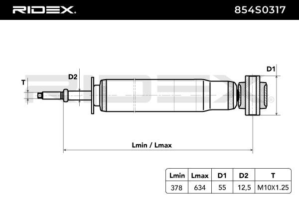 Ammortizzatore 854S0317 RIDEX Assale posteriore, A pressione del gas, 633x379 mm, A doppio tubo, Ammortizzatore con reggimolla, Ammortizzatore telescopico, Occhiello inferiore, Spina superiore
