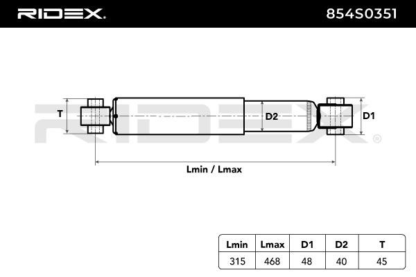 RIDEX 854S0351 Ammortizzatori Assale posteriore, A pressione del gas, 468x315 mm, A doppio tubo, Ammortizzatore telescopico, Occhiello inferiore