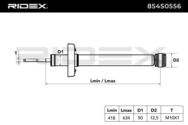 RIDEX 854S0556 Shock absorber Rear Axle, Gas Pressure, 635x418 mm, Twin-Tube, Spring-bearing Damper, Bottom eye, Top pin