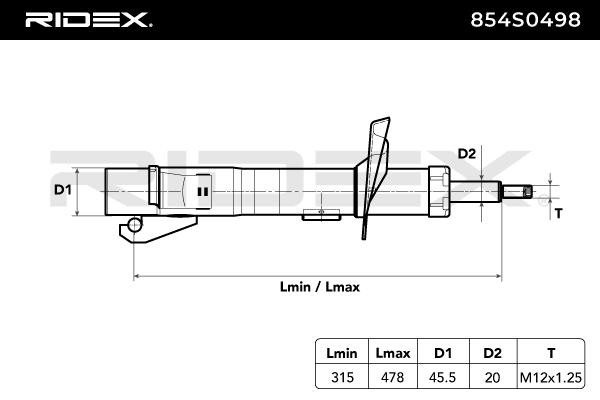 854S0498 Shocks 854S0498 RIDEX Front Axle Right, Gas Pressure, Twin-Tube, Suspension Strut, Top pin