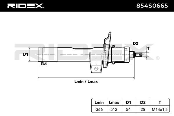 RIDEX 854S0665 Ammortizzatore Assale anteriore, A pressione del gas, Ø: 25/55, A doppio tubo, Ammortizzatore tipo McPherson, Spina superiore, Piastra inferiore