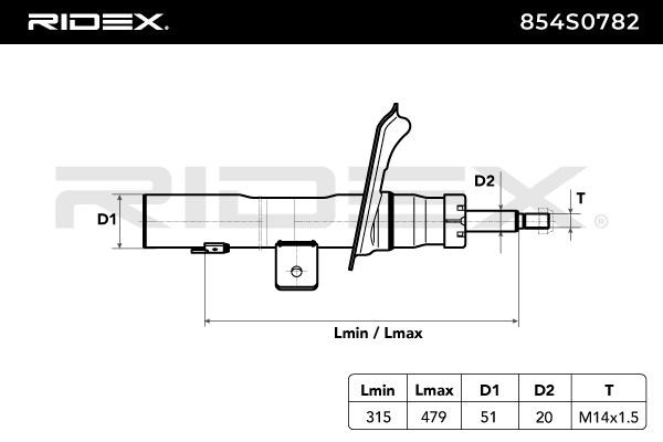 854S0782 Shocks 854S0782 RIDEX Front Axle Left, Gas Pressure, Twin-Tube, Suspension Strut, Top pin, Bottom Clamp, Bottom Plate
