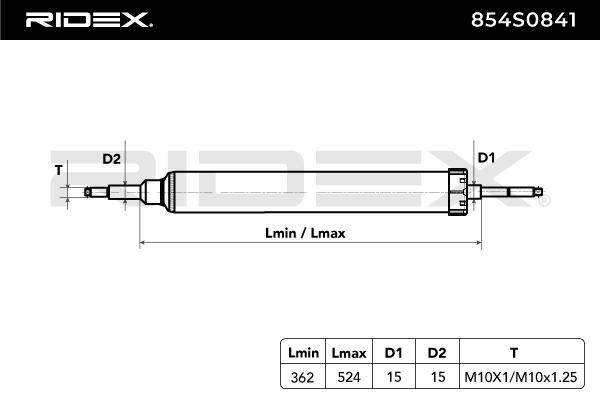 RIDEX 854S0841 Stoßdämpfer Hinterachse, Gasdruck, Zweirohr, Teleskop-Stoßdämpfer, oben Stift, unten Stift